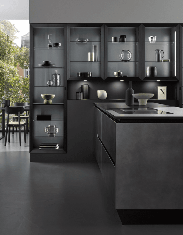 Detail of a modern kitchen island and seating
