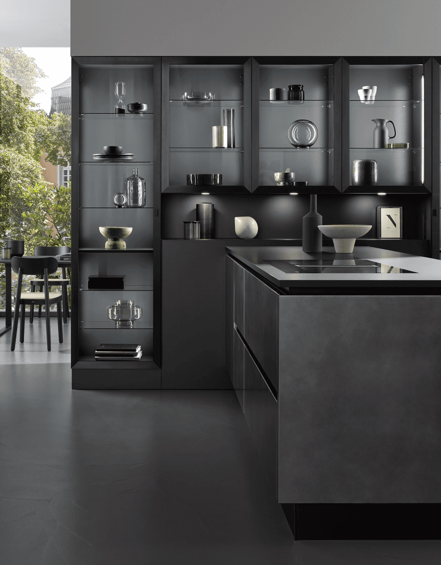 Detail of a modern kitchen island and seating