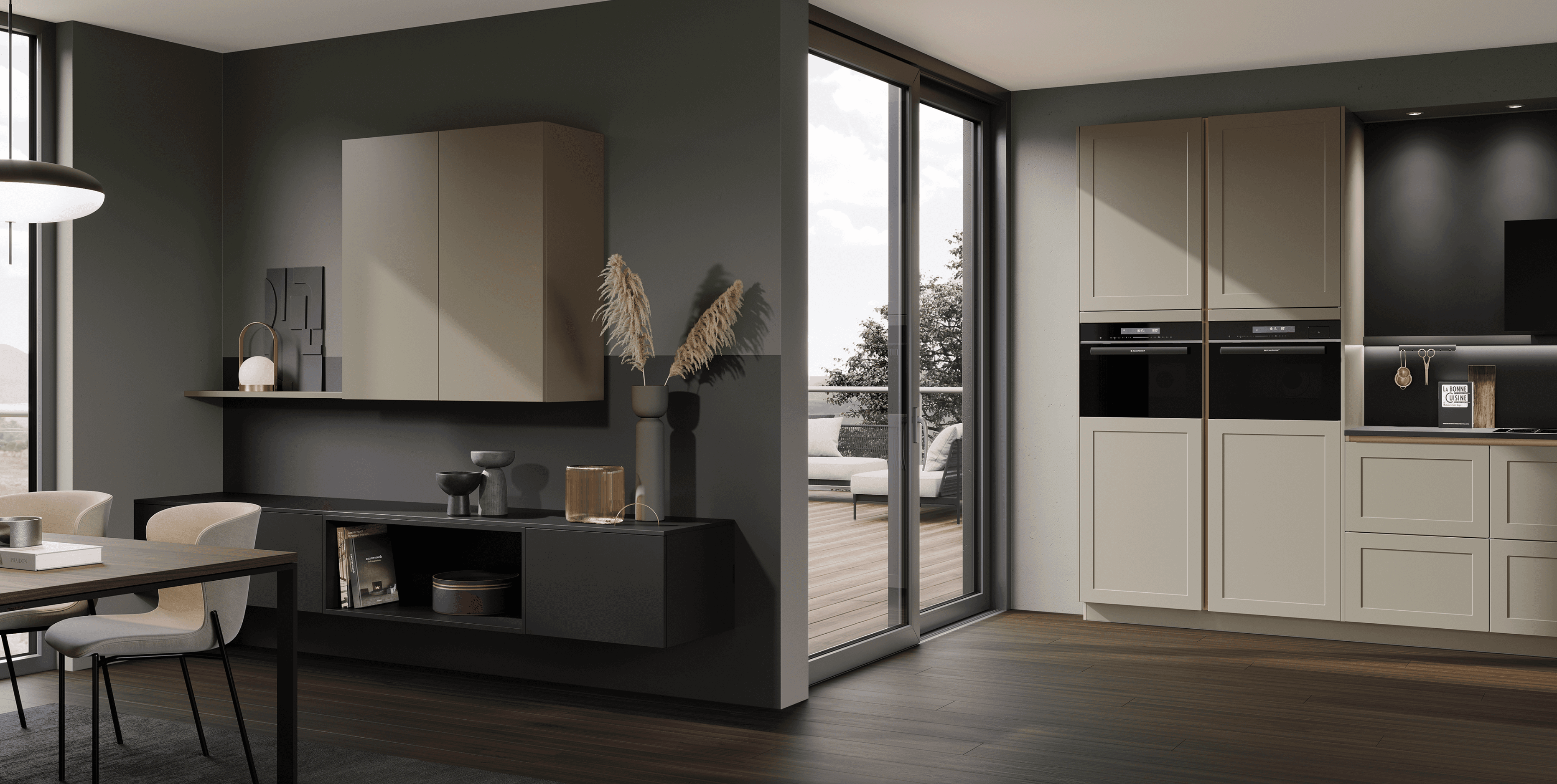 Sophisticated open-plan kitchen featuring smooth cabinetry, muted colours and a balanced architectural layout.