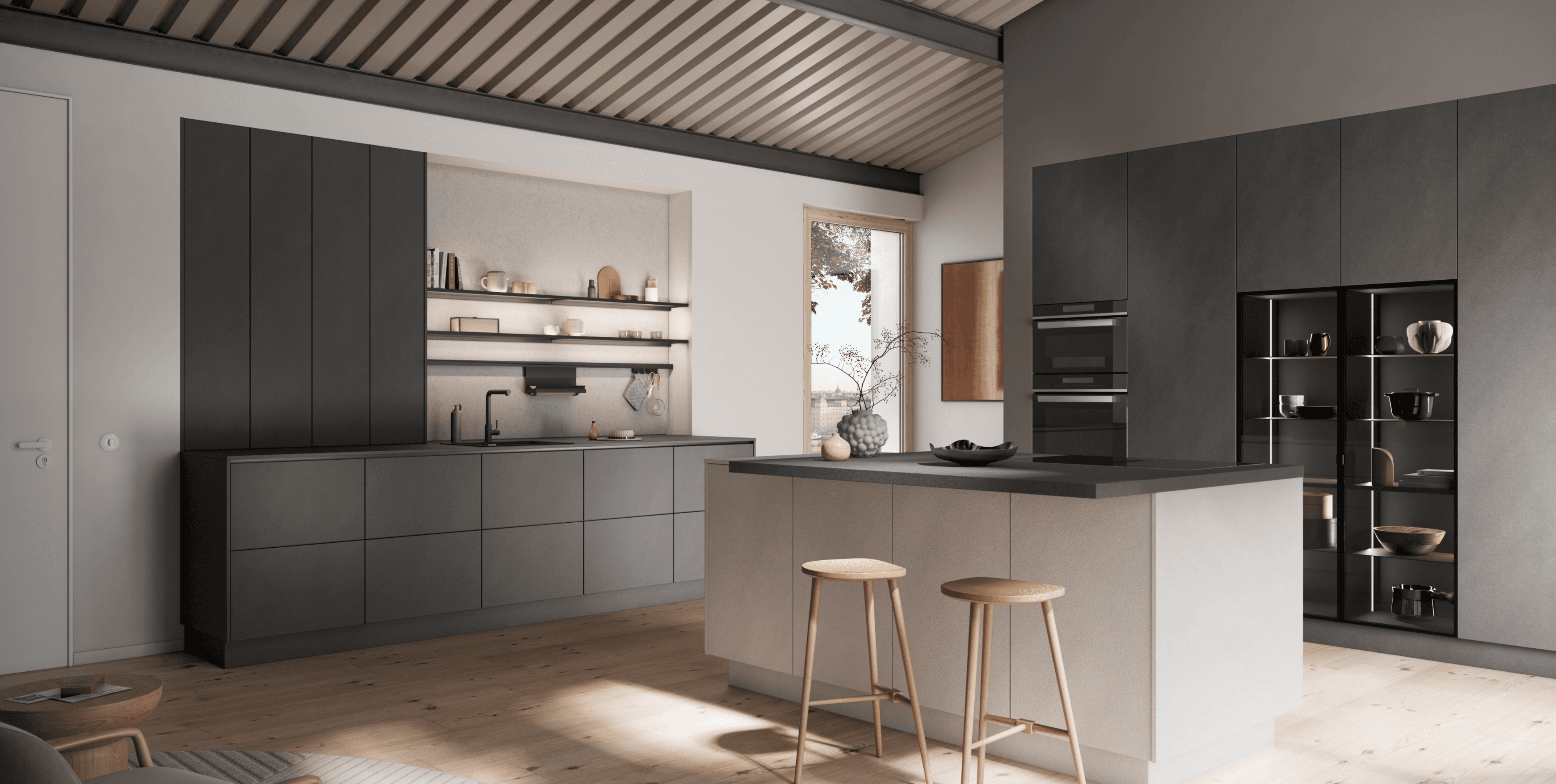 A refined kitchen composition that balances minimalist cabinetry with smart storage solutions.