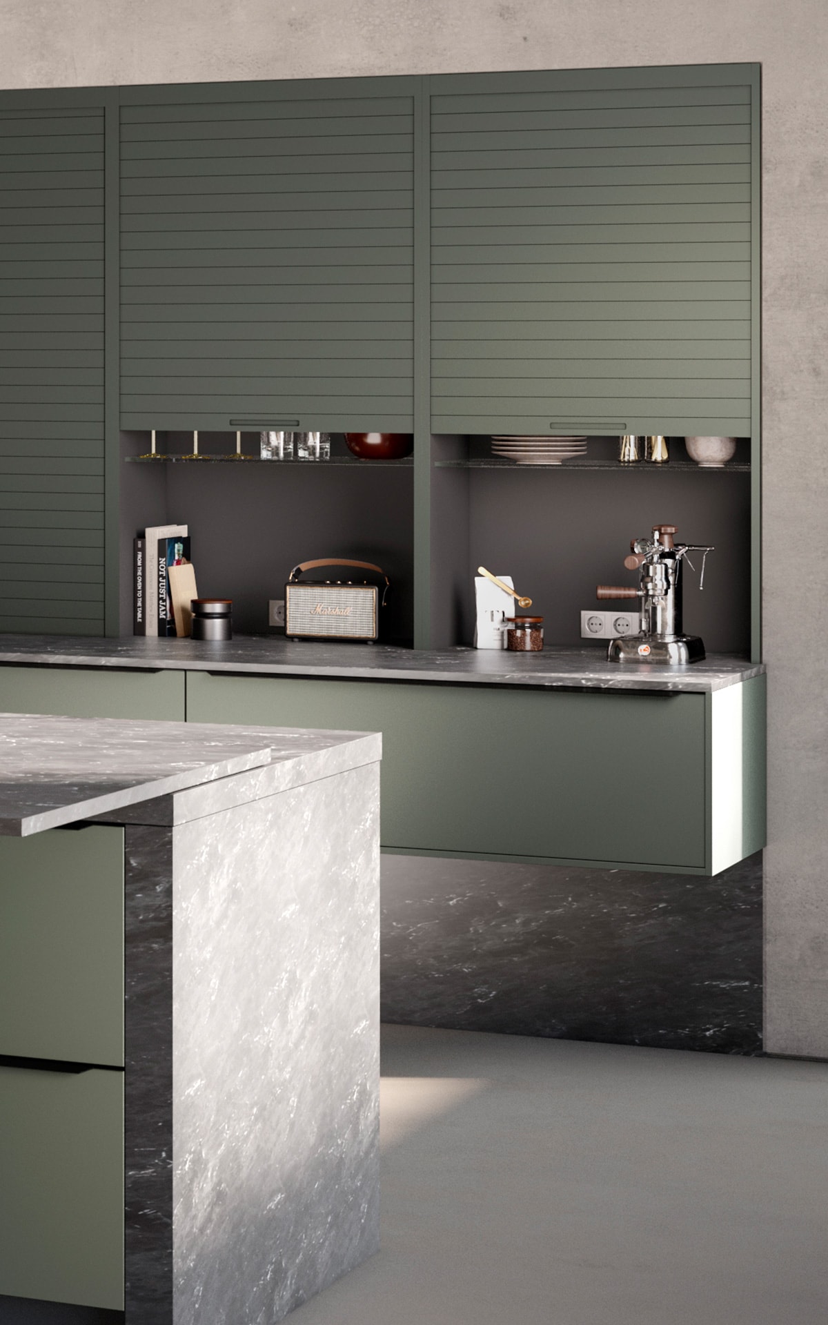 Appliance garage with tambour door in olive green cabinetry