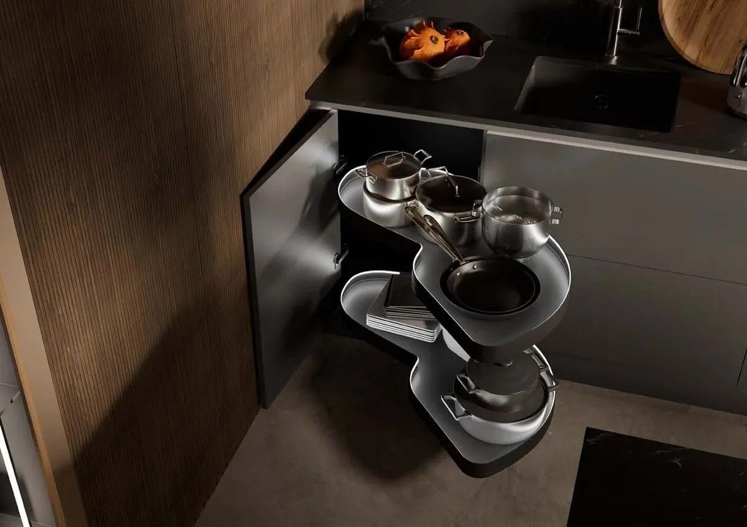 LeMans corner unit with shaped shelves inside the cabinet