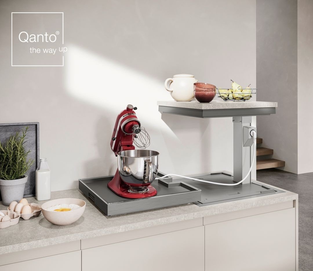 Qanto corner lift raising appliances from below the benchtop