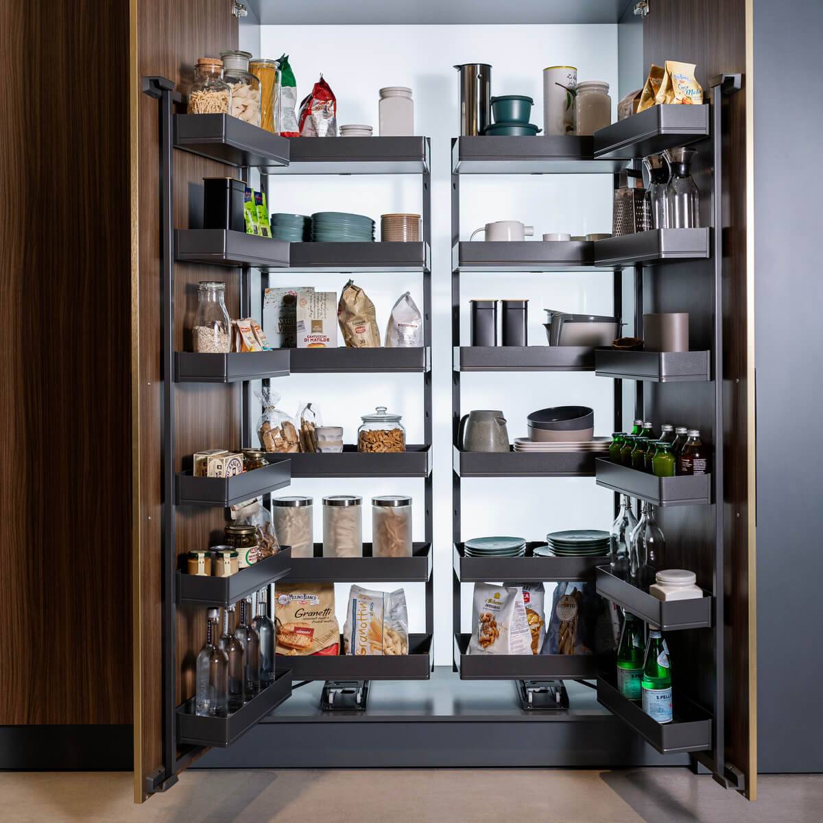 Tandem pantry fully open showing front and rear shelves