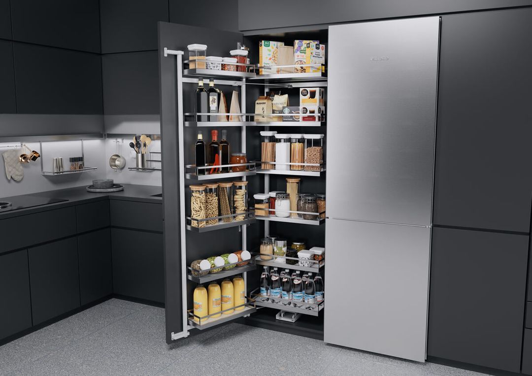 Tandem pantry with door-mounted shelves and gliding rear shelves