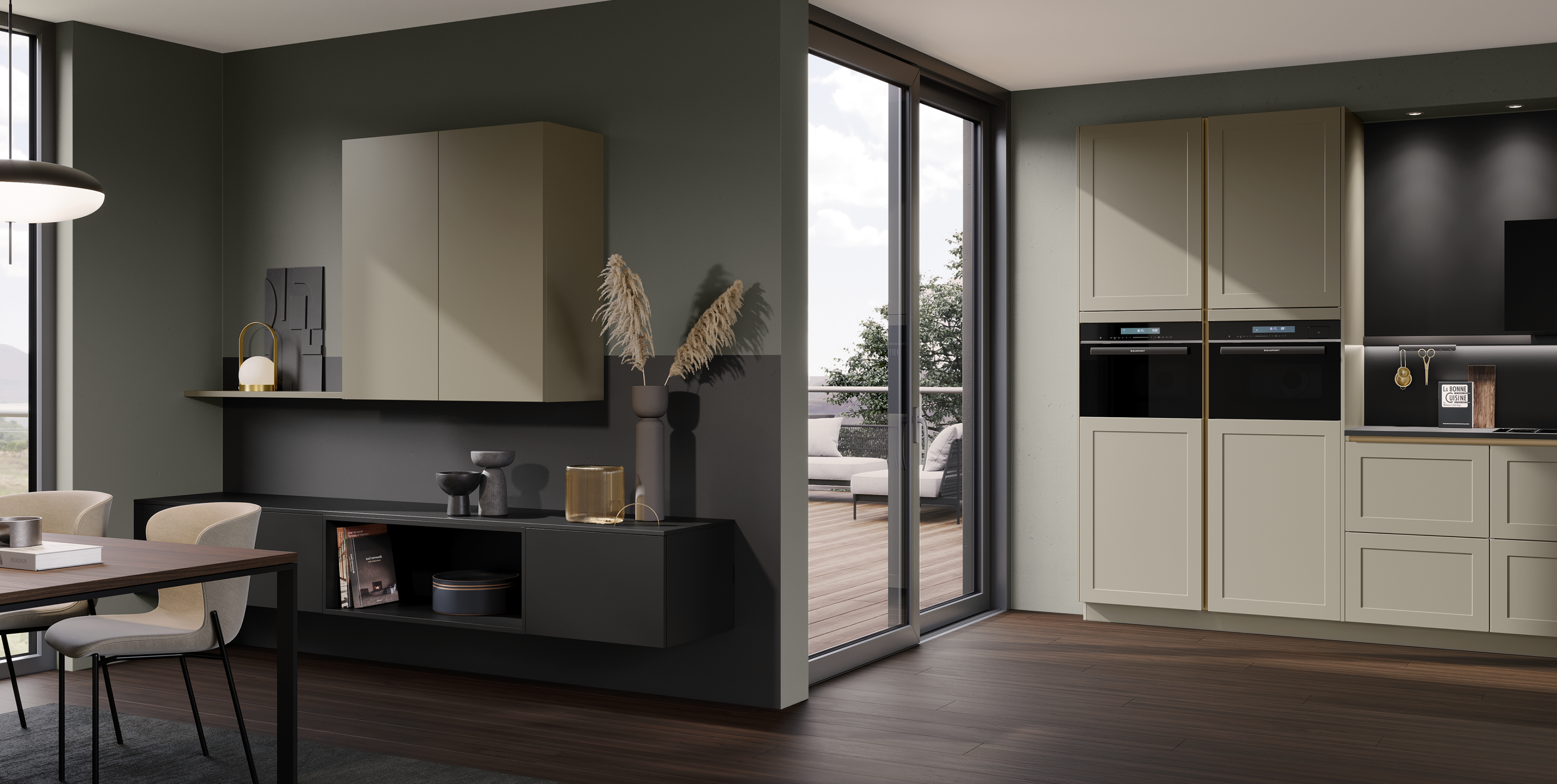 Sophisticated open-plan kitchen featuring smooth cabinetry, muted colours and a balanced architectural layout.